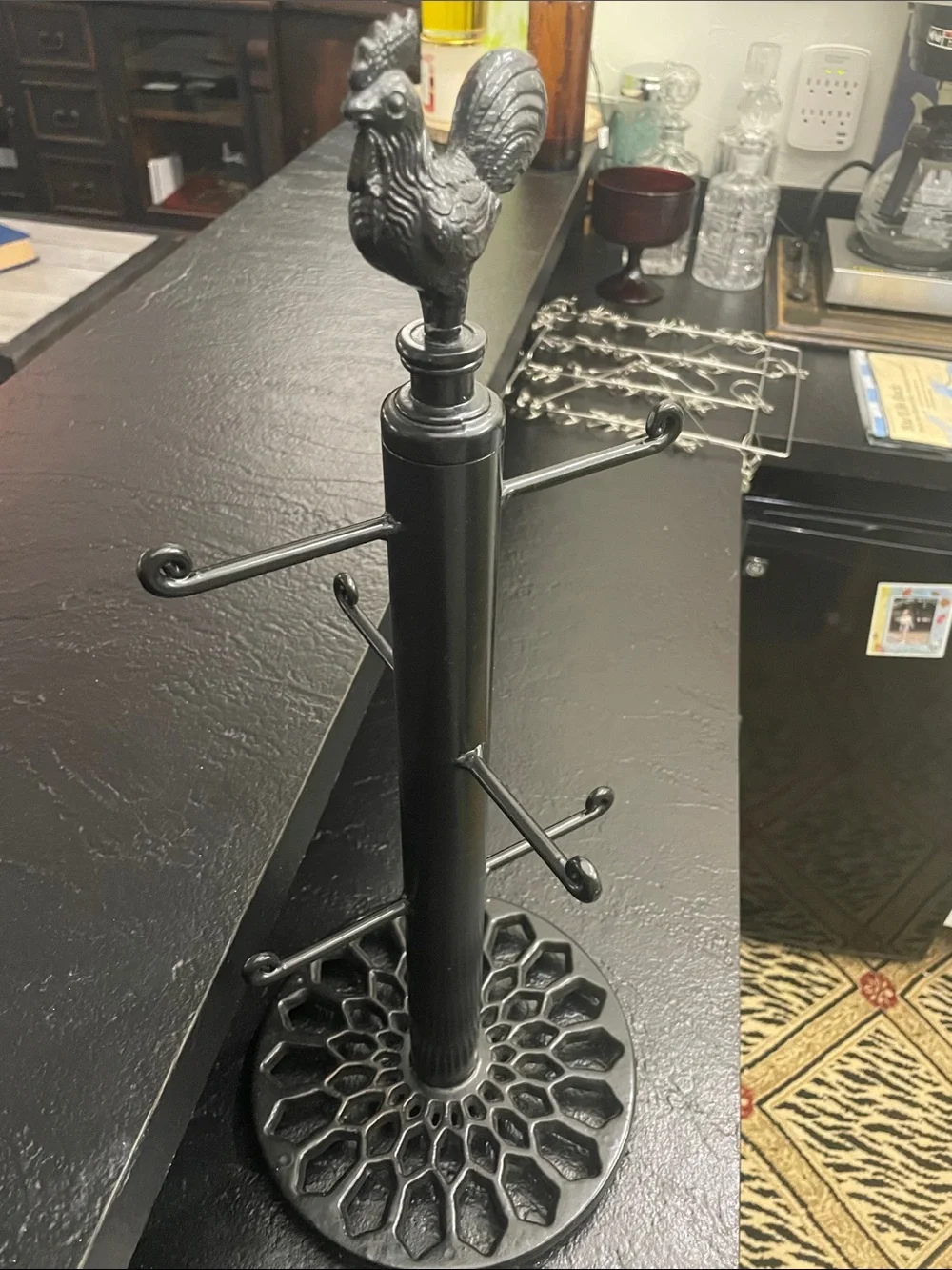 Black Rooster Towel and Mug Tree Stand - Sturdy Metal Kitchen Organizer 8x19
